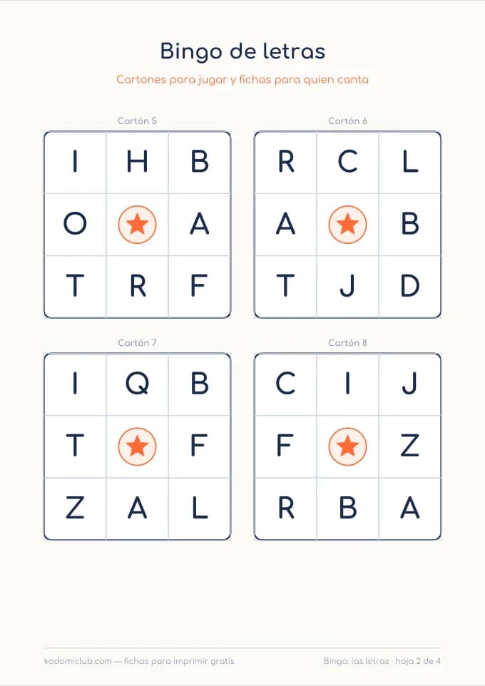 Bingo de letras, hoja 2