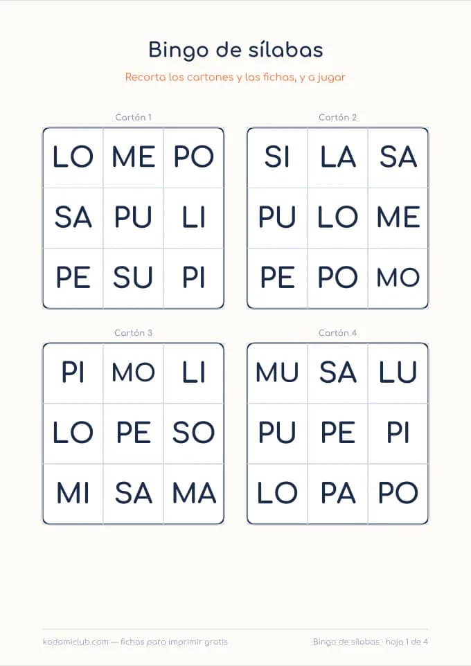 Bingo de sílabas. Ficha para imprimir, 5–7 años