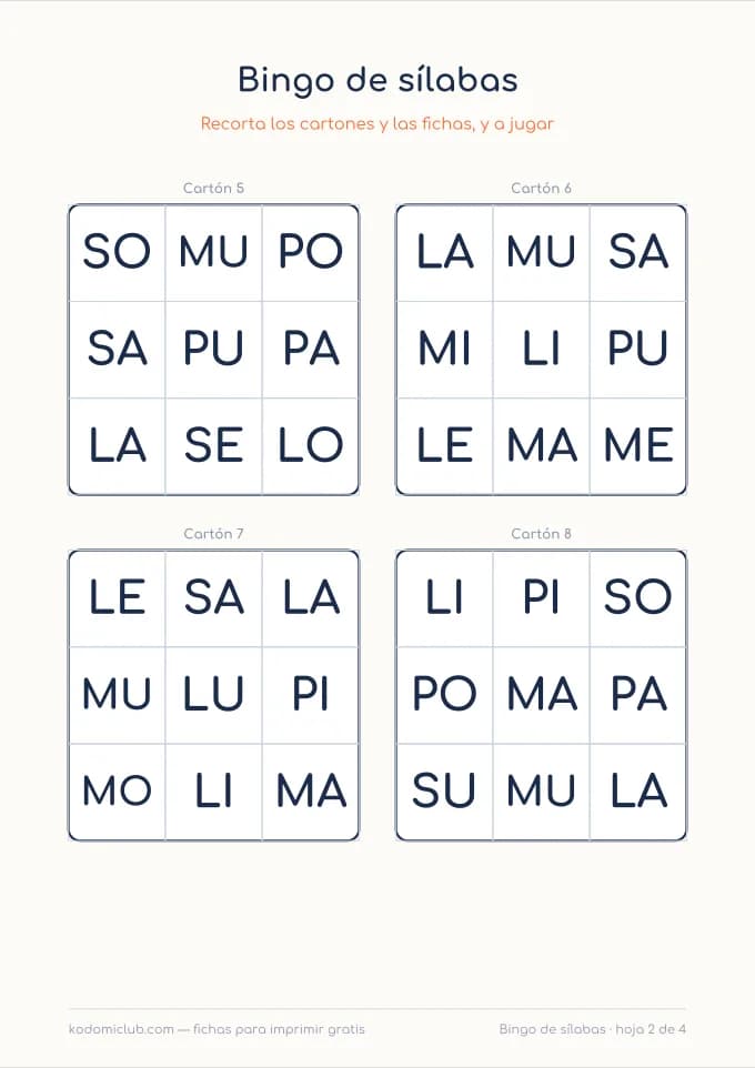 Bingo de sílabas, hoja 2