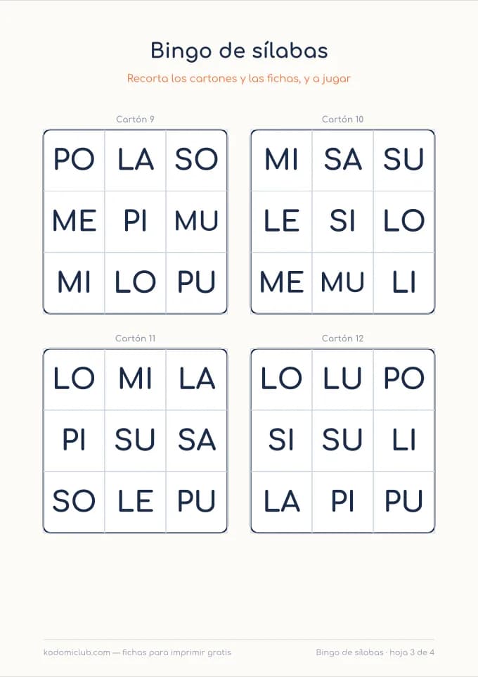 Bingo de sílabas, hoja 3