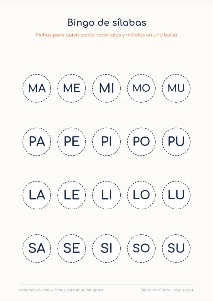 Bingo de sílabas, hoja 4