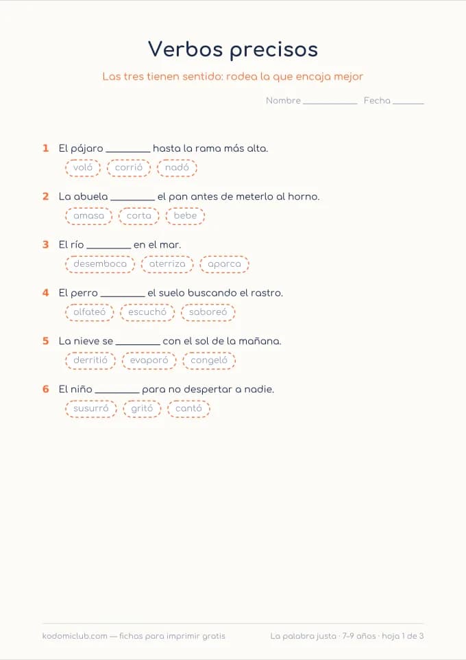 La palabra justa. Ficha para imprimir, 7–9 años