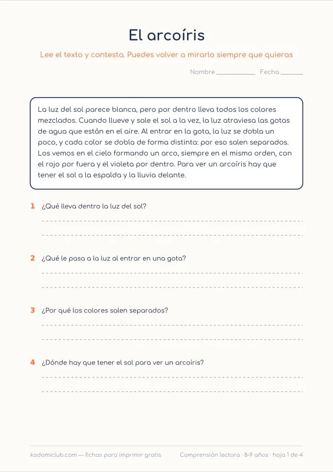 Comprensión: cómo funciona. Ficha para imprimir, 8–9 años