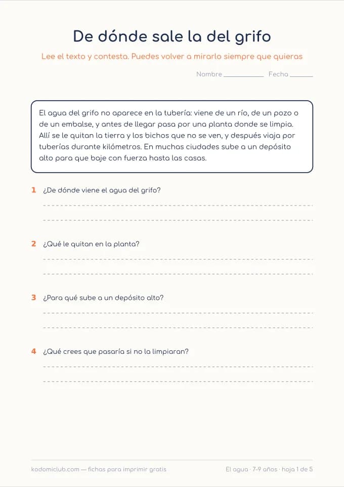Leer sobre el agua. Ficha para imprimir, 7–9 años