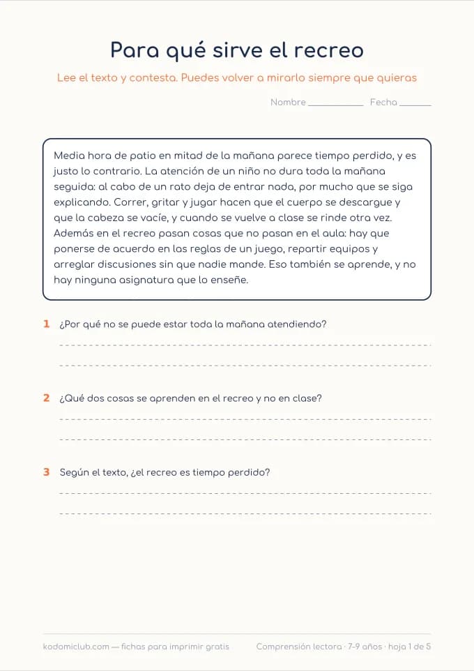 Comprensión: el colegio. Ficha para imprimir, 7–9 años