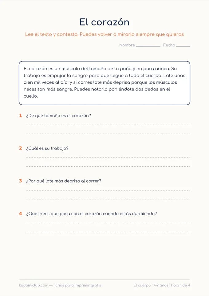 Leer sobre el cuerpo. Ficha para imprimir, 7–9 años