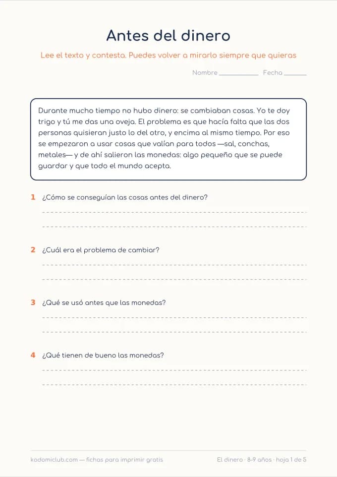 Leer sobre el dinero. Ficha para imprimir, 8–9 años