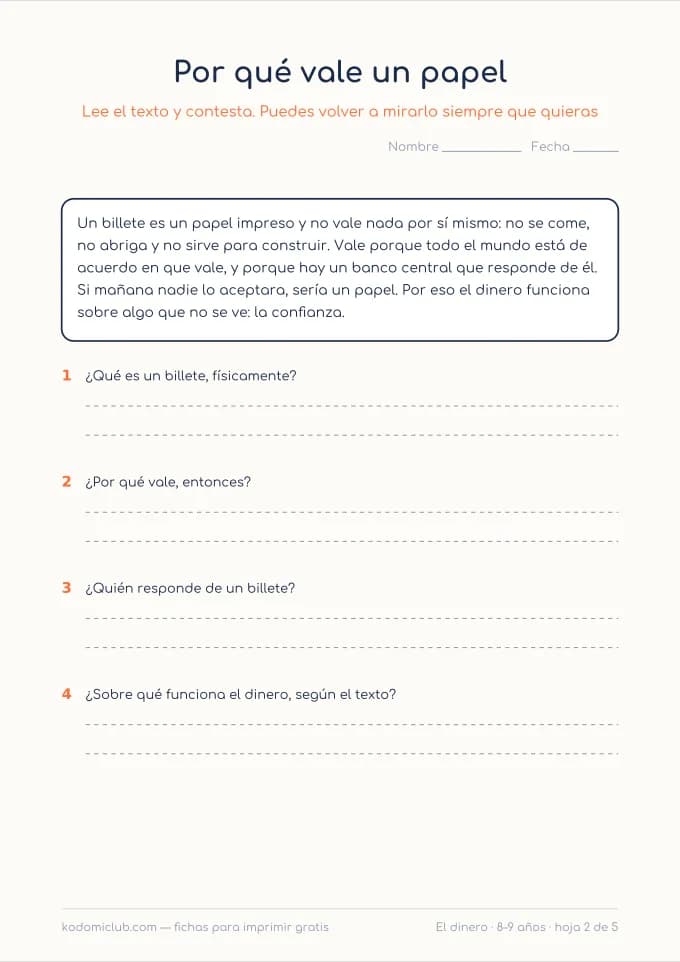 Leer sobre el dinero, hoja 2
