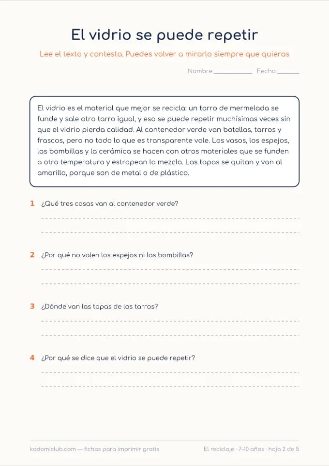 Comprensión lectora: el reciclaje, hoja 2