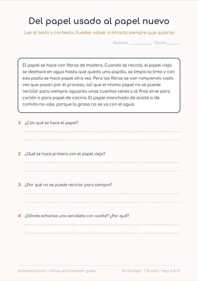 Comprensión lectora: el reciclaje, hoja 3