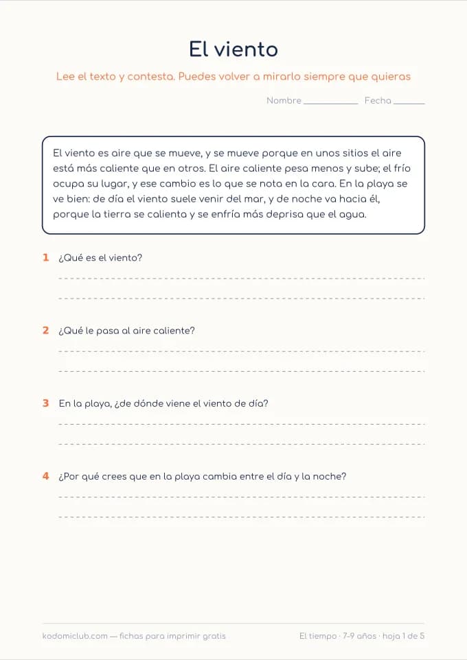 Leer sobre el tiempo que hace. Ficha para imprimir, 7–9 años