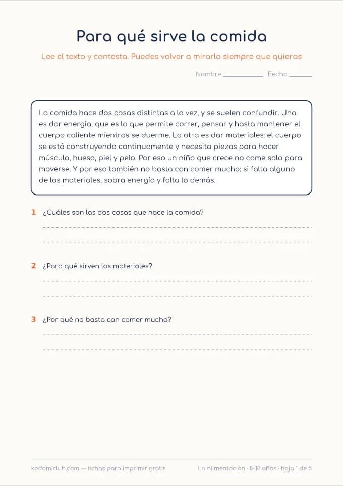 Comprensión: la alimentación. Ficha para imprimir, 8–10 años