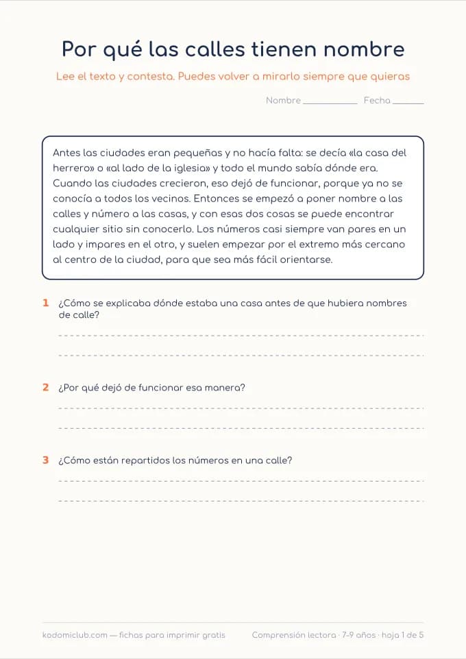 Comprensión: la ciudad. Ficha para imprimir, 7–9 años
