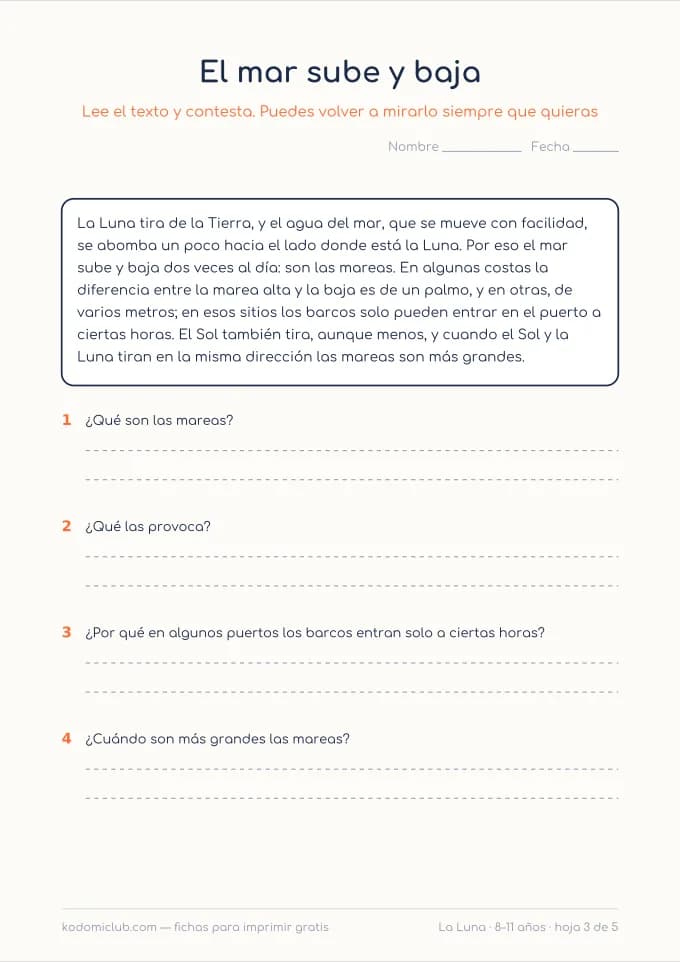 Comprensión lectora: la Luna, hoja 3
