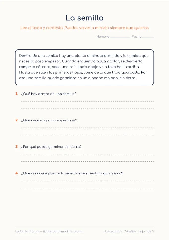 Leer sobre las plantas. Ficha para imprimir, 7–9 años