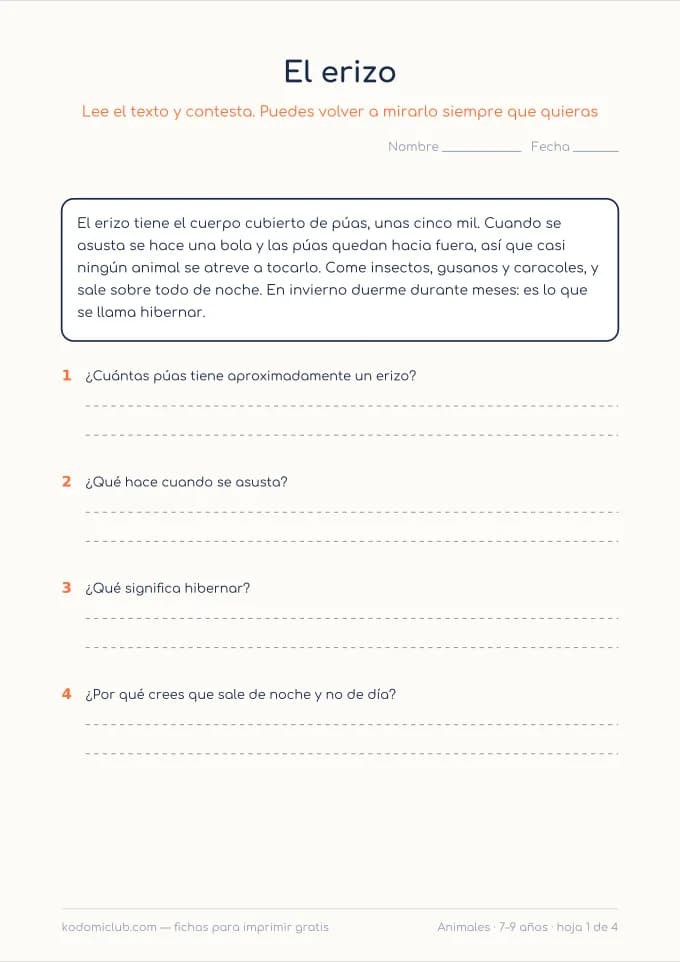 Leer sobre animales. Ficha para imprimir, 7–9 años