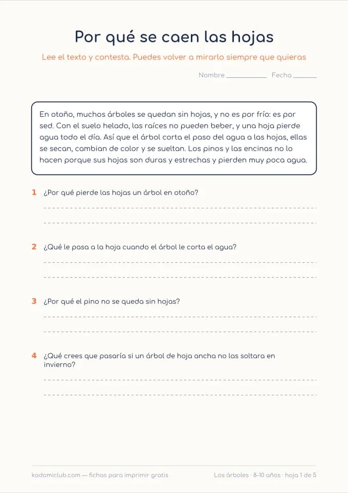 Leer sobre los árboles. Ficha para imprimir, 8–10 años
