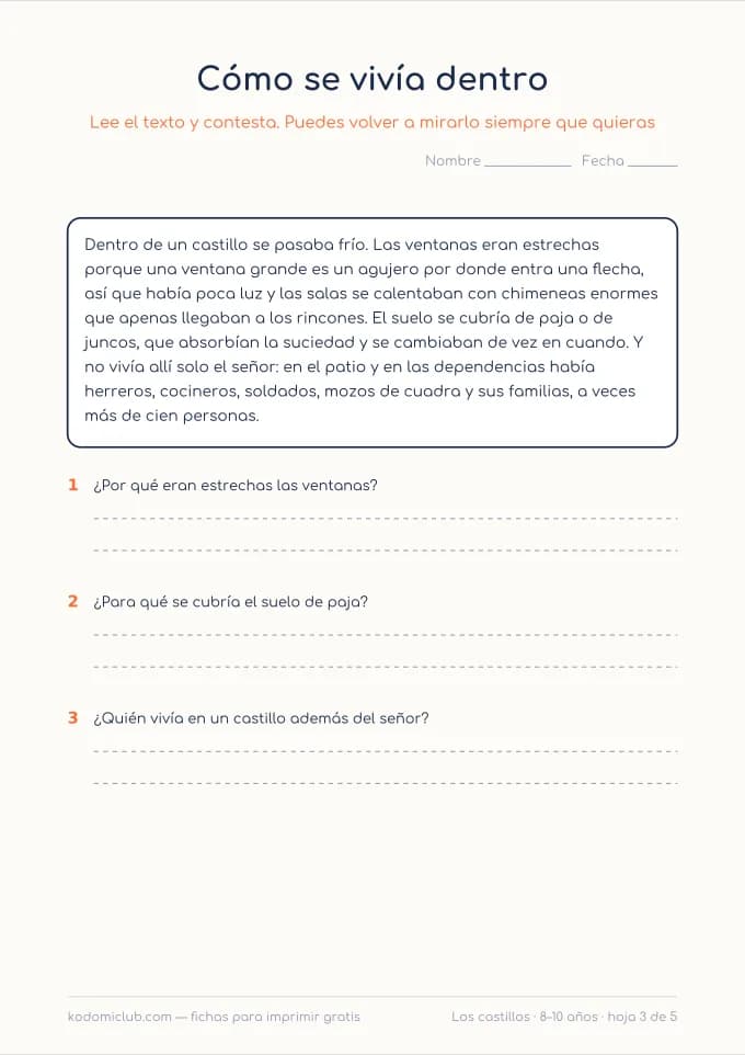 Comprensión: los castillos, hoja 3