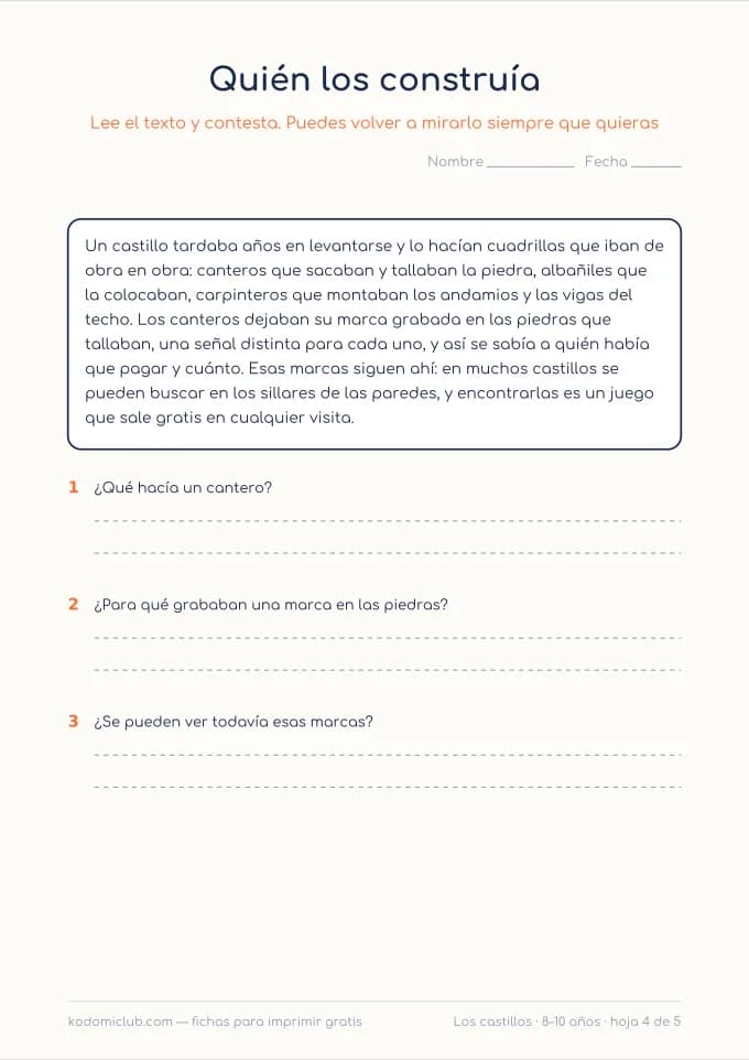 Comprensión: los castillos, hoja 4