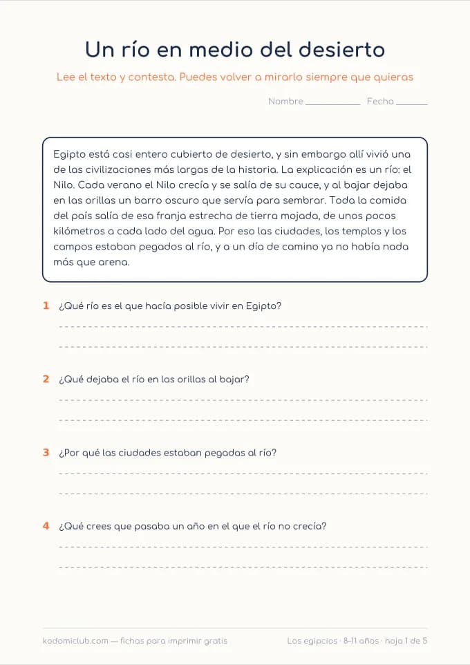 Comprensión lectora: los egipcios. Ficha para imprimir, 8–11 años