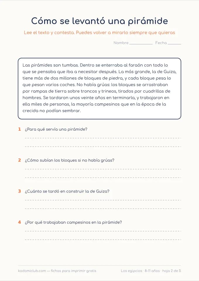 Comprensión lectora: los egipcios, hoja 2