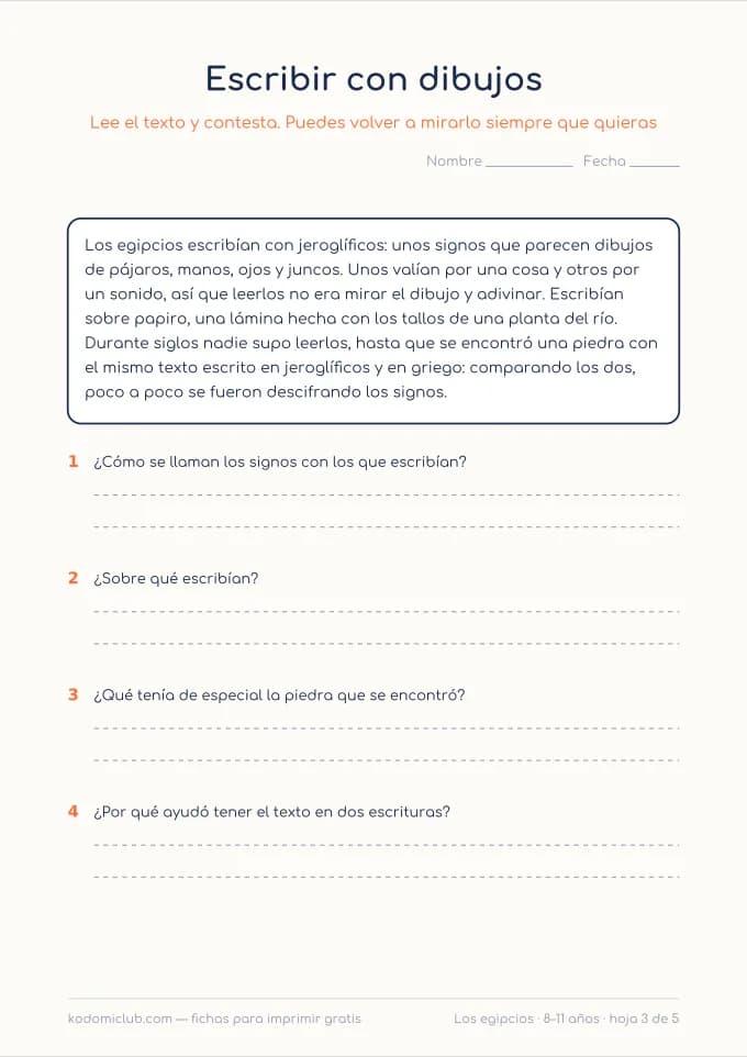 Comprensión lectora: los egipcios, hoja 3