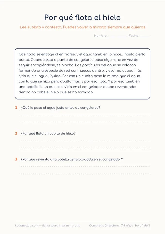 Comprensión: los experimentos. Ficha para imprimir, 7–9 años
