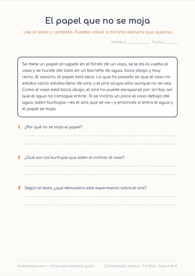 Comprensión: los experimentos, hoja 4