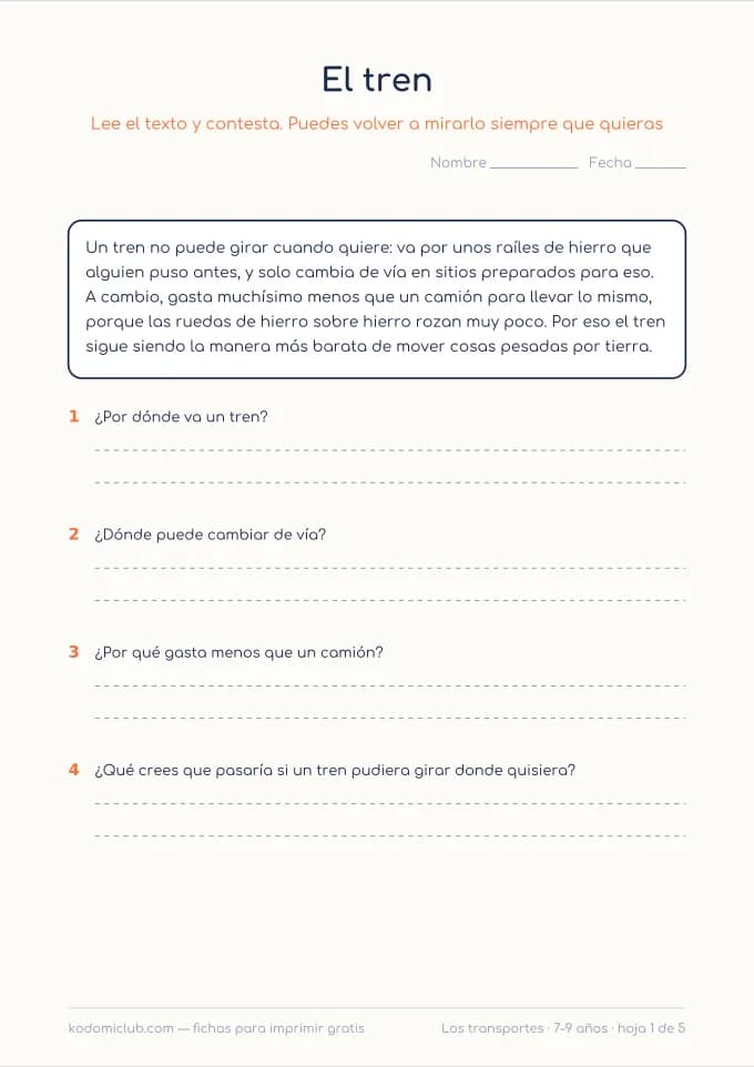 Leer sobre los transportes, hoja 1