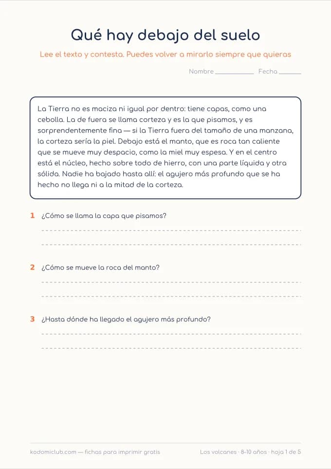 Comprensión: los volcanes. Ficha para imprimir, 8–10 años
