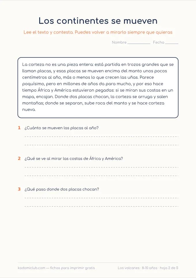 Comprensión: los volcanes, hoja 2