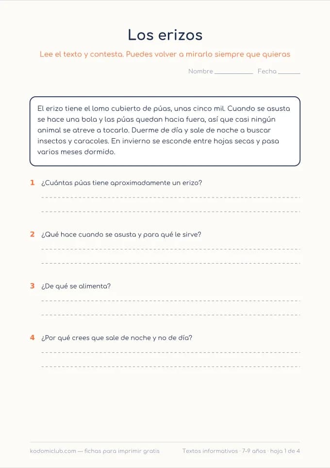 Comprensión de textos informativos. Ficha para imprimir, 7–9 años