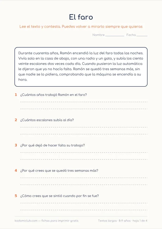 Comprensión: textos largos. Ficha para imprimir, 8–9 años