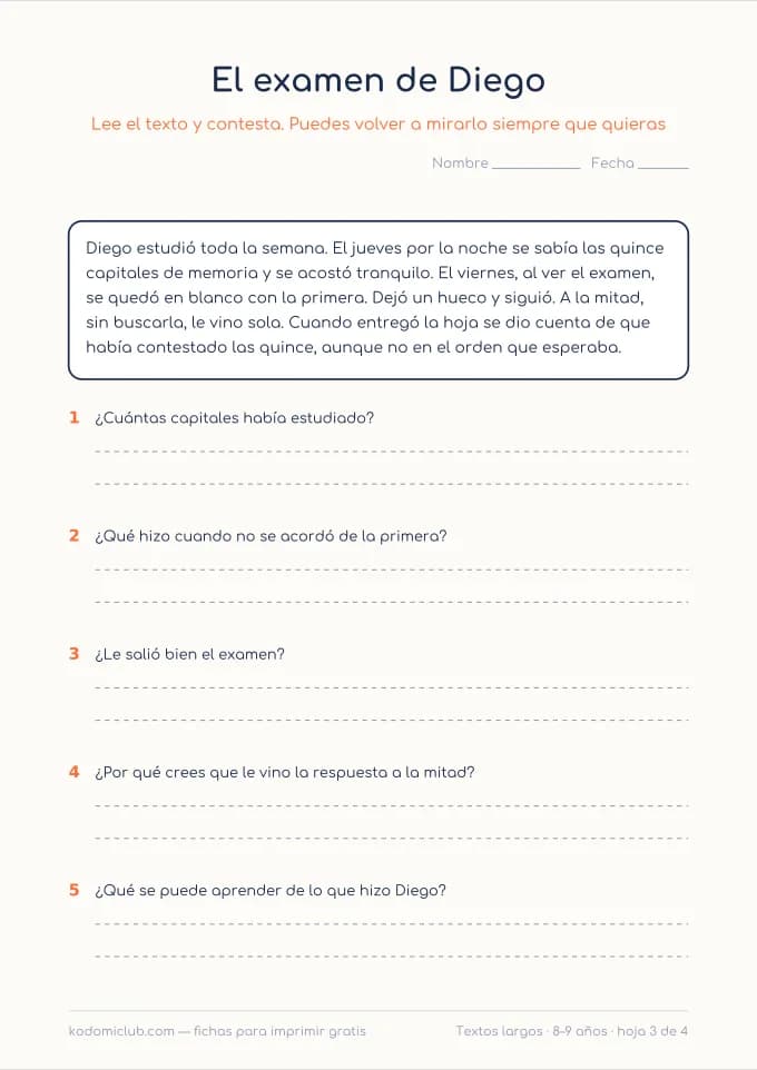 Comprensión: textos largos, hoja 3