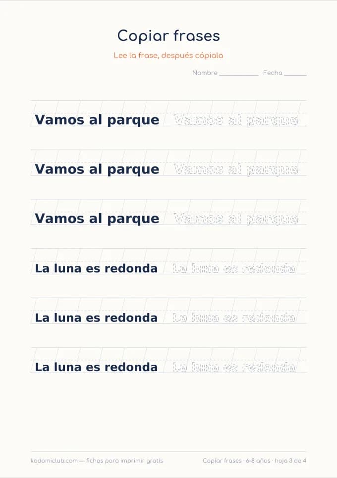 Copiar frases, hoja 3