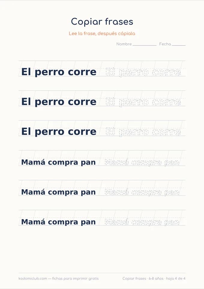 Copiar frases, hoja 4