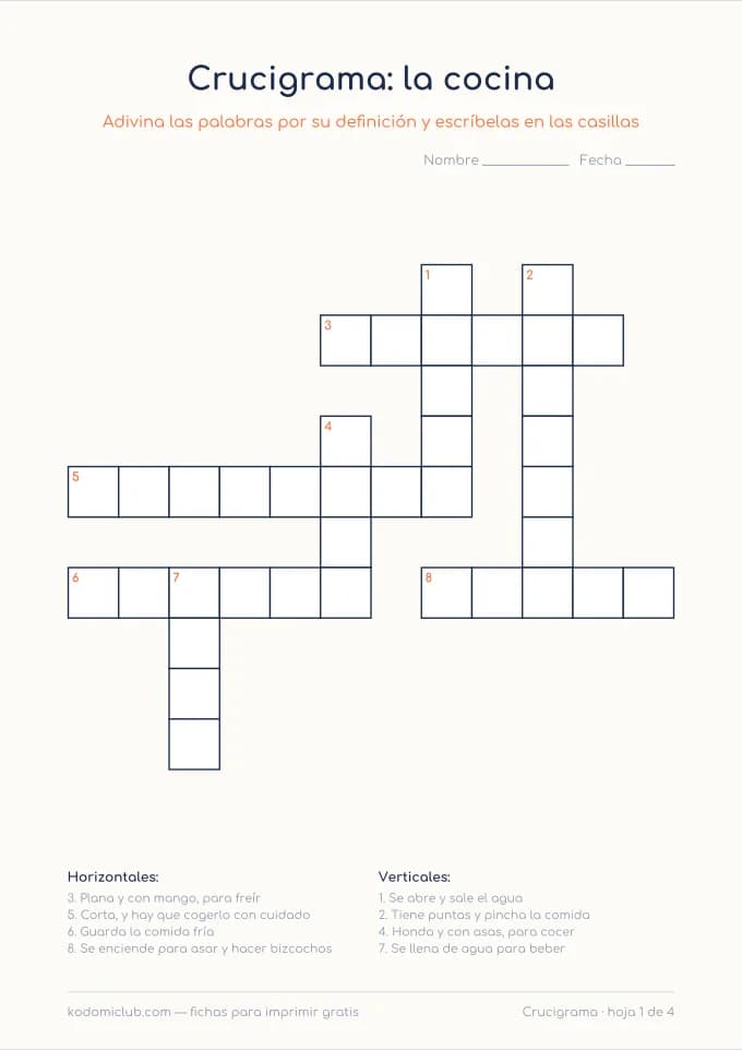 Crucigrama de la cocina. Ficha para imprimir, 7–9 años