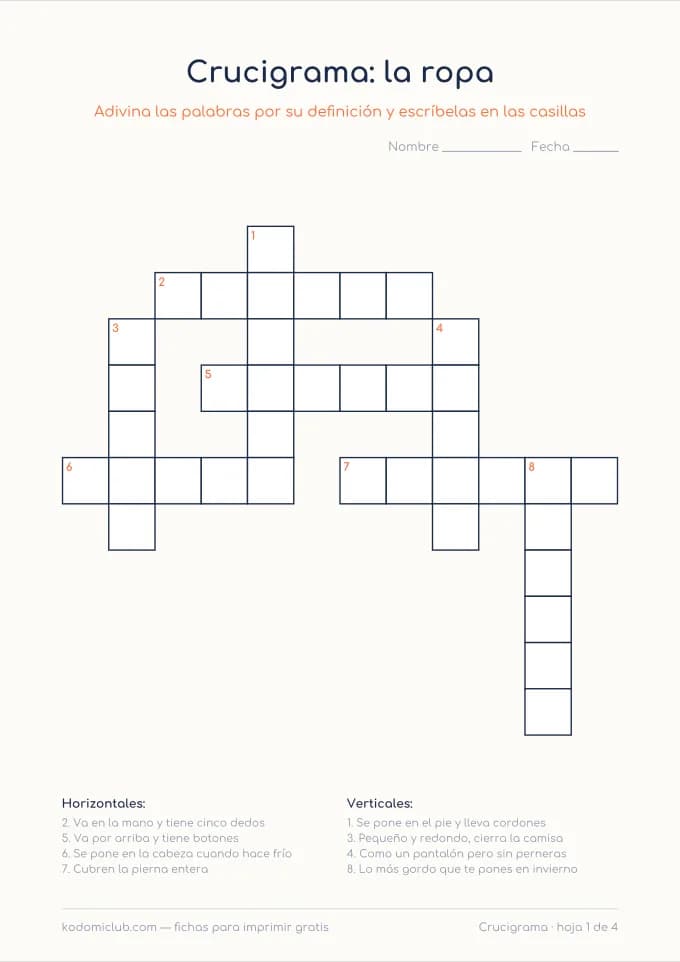Crucigrama de la ropa. Ficha para imprimir, 7–9 años