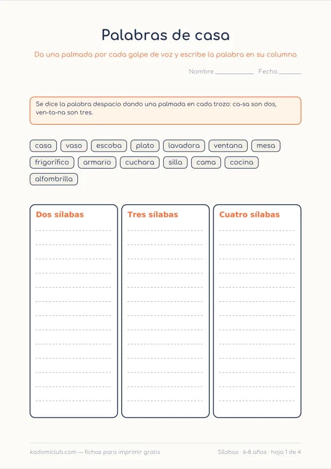 Cuántas sílabas tiene. Ficha para imprimir, 6–8 años