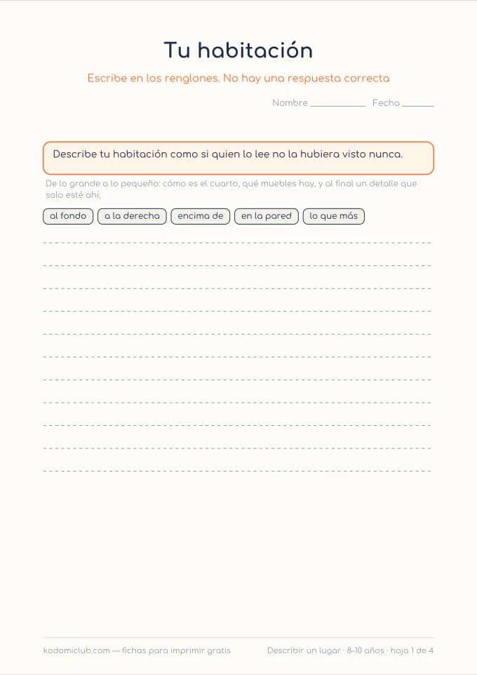 Describir un lugar. Ficha para imprimir, 8–10 años