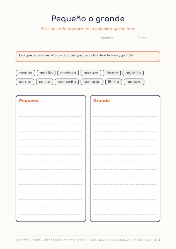 Diminutivos y aumentativos. Ficha para imprimir, 7–9 años