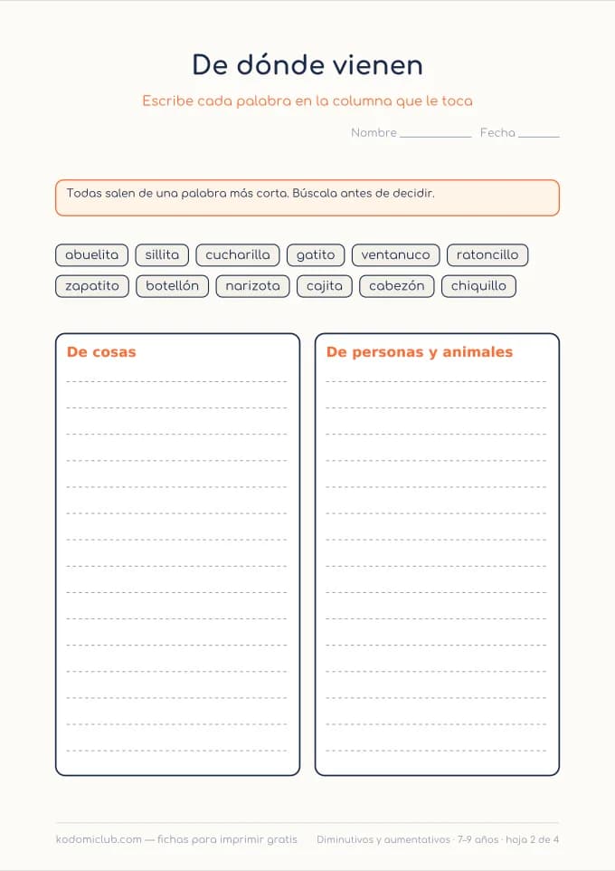 Diminutivos y aumentativos, hoja 2