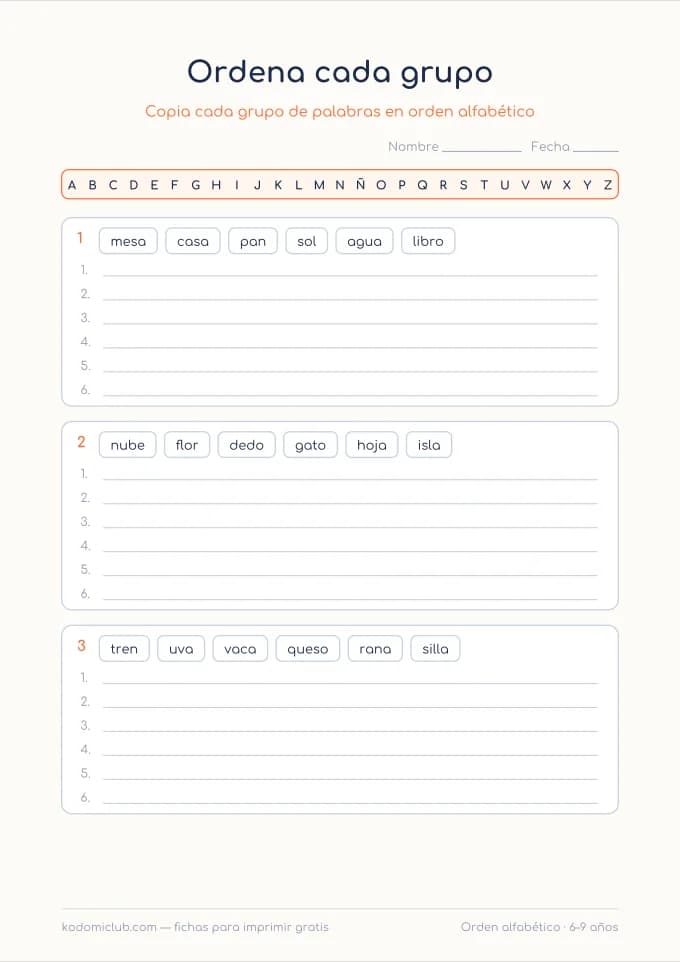 El orden alfabético, para empezar. Ficha para imprimir, 6–9 años