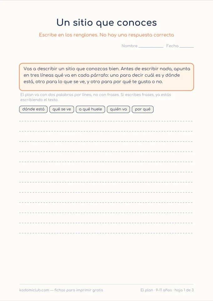 El plan de un texto. Ficha para imprimir, 9–11 años