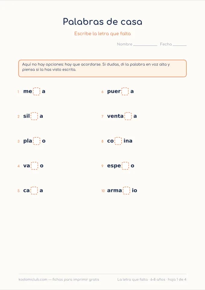 Escribir la letra que falta. Ficha para imprimir, 6–8 años