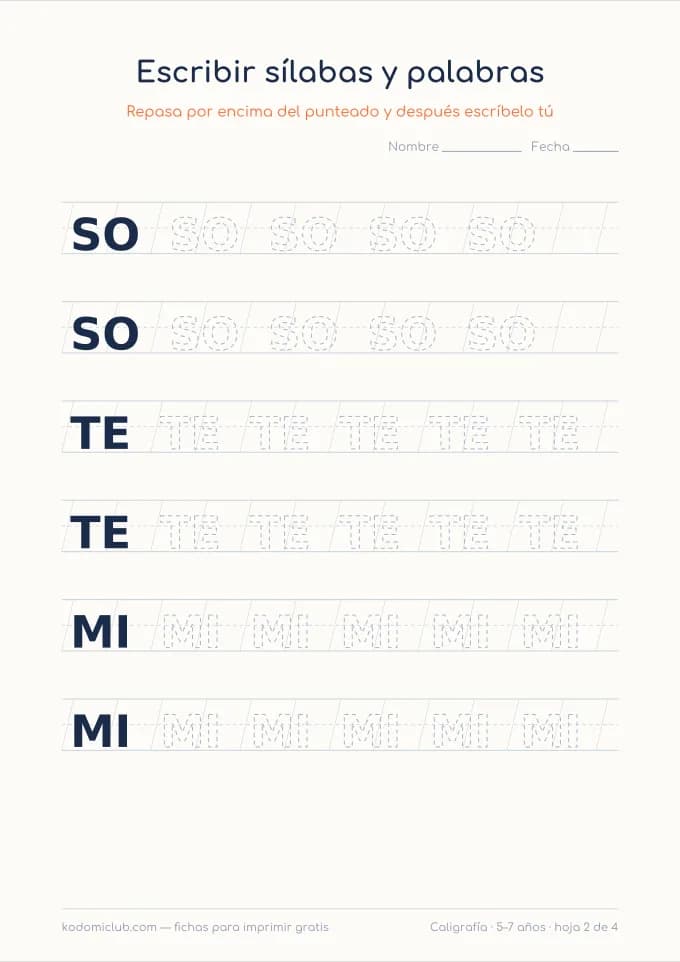 Escribir sílabas y palabras, hoja 2