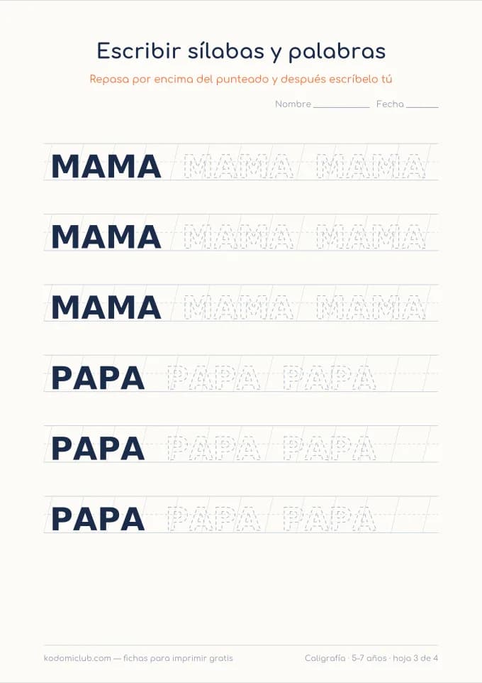 Escribir sílabas y palabras, hoja 3