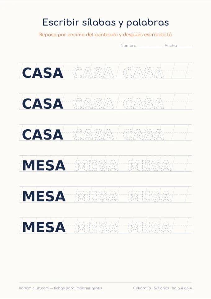 Escribir sílabas y palabras, hoja 4