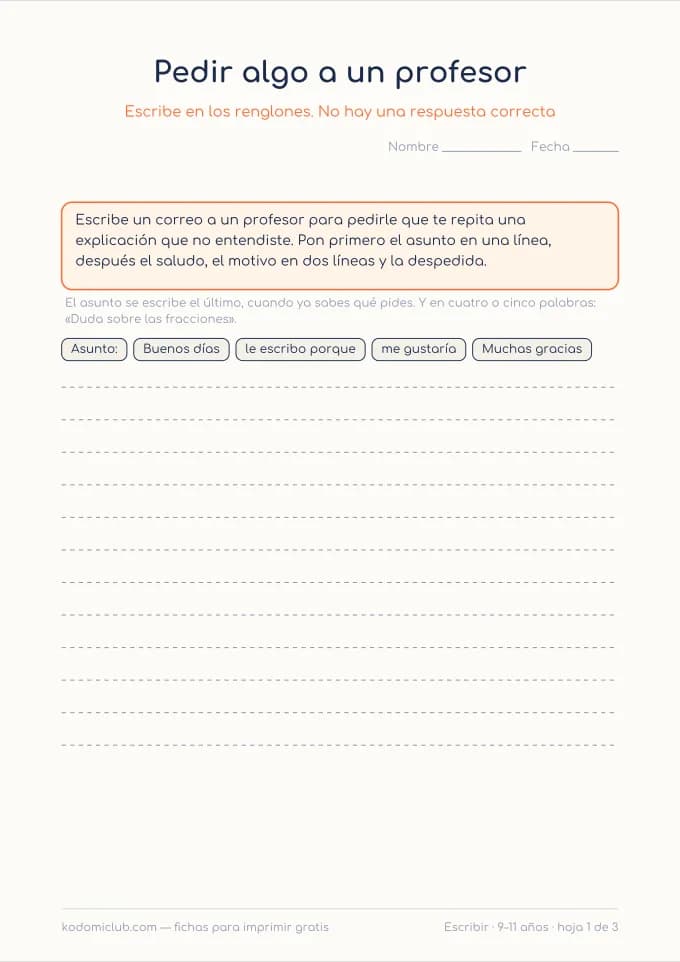 Escribir un correo. Ficha para imprimir, 9–11 años