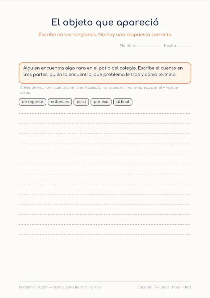 Escribir un cuento en tres partes, hoja 1